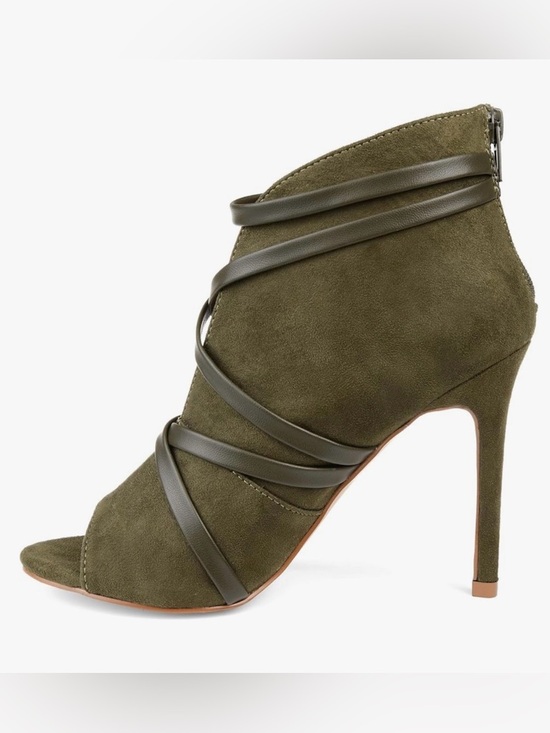 Shoes - Olive Green Suede Lace-Up Heeled Booties | Open Toe Stiletto | Size 6